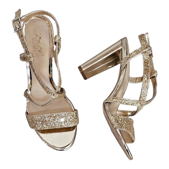 Badgley Mischka Jewel Heels Sz 8 Gold Glitter Sparkle New Years Cocktail Strappy - Picture 5 of 12